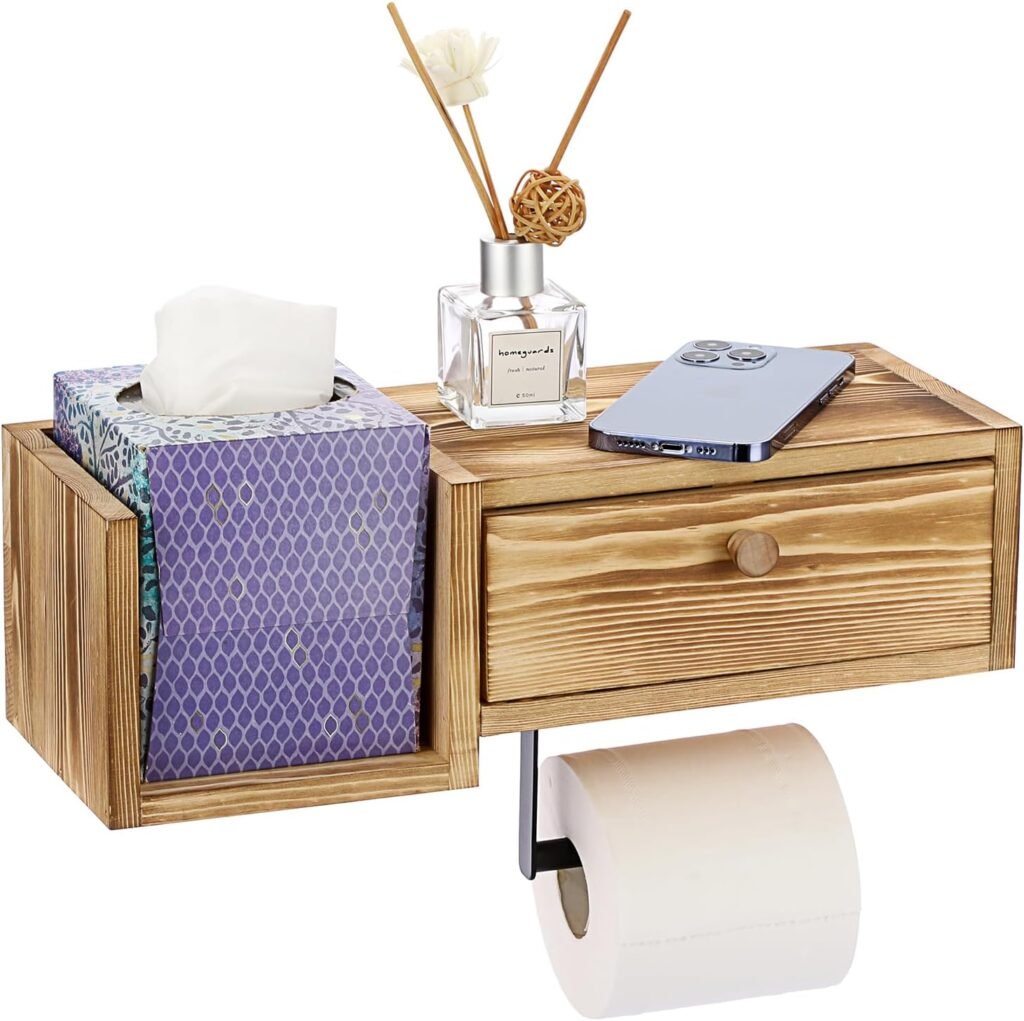 Houten wandgemonteerde toiletpapierhouder met plank, lade en opbergdoos voor badkamerorganisatie