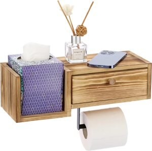 Houten wandgemonteerde toiletpapierhouder met plank, lade en opbergdoos voor badkamerorganisatie
