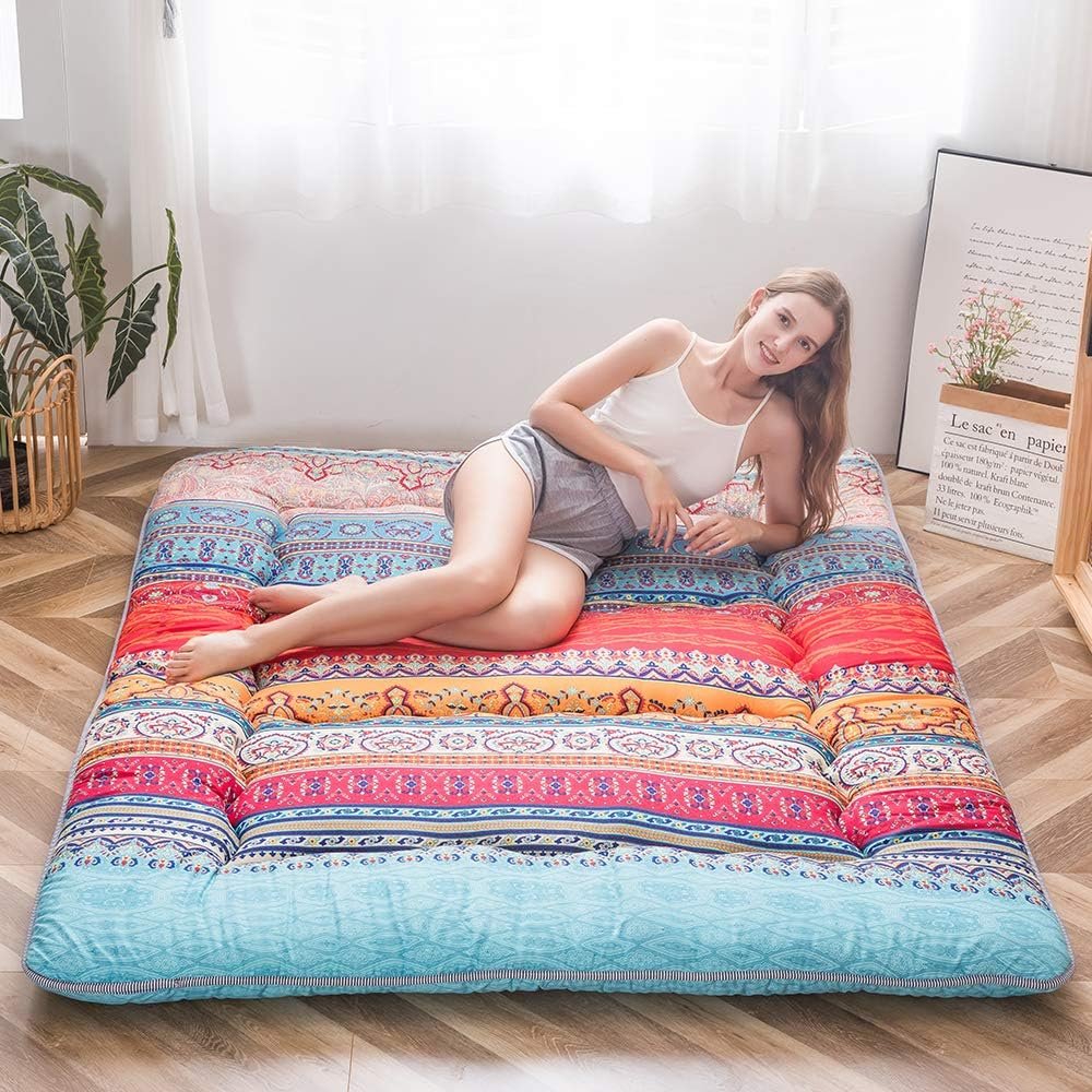 Bohemian futon matras 90x190 cm Japanse tatami vloermat met bloemenpatroon opvouwbaar logeerbed dikke slaapmat voor thuis en camping