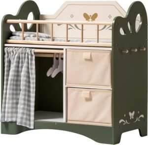 Poppenbed Hout met Kledingkast – Poppenbedje met Beddengoed en Opbergruimte – Speelgoed voor Poppen tot 51 cm – Groen