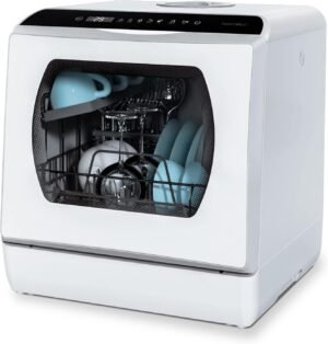 Mini afwasmachine tafelmodel met witte glazen deur voor 4 besteksets en gebruik met of zonder wateraansluiting