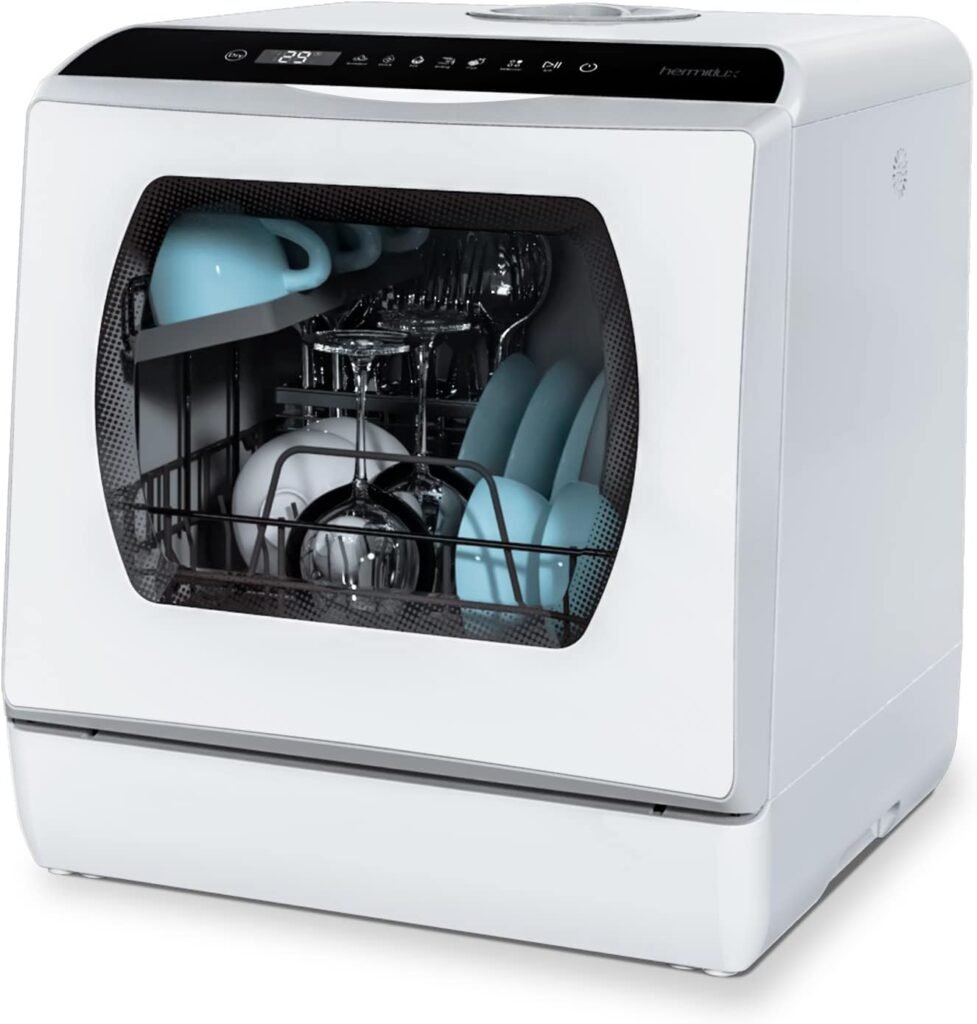 Mini afwasmachine tafelmodel met witte glazen deur voor 4 besteksets en gebruik met of zonder wateraansluiting