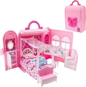 Roze draagbaar poppenhuis met speeltas en prinsessenkamer meubels, opvouwbaar ontwerp voor kinderen