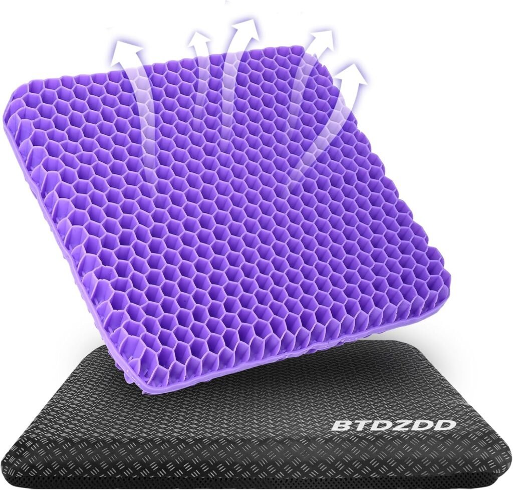 Gel zitkussen paars 43x39 cm met dubbel laag ontwerp, antislip en ademende hoes voor bureaustoel comfort