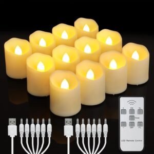Oplaadbare LED theelichtjes met afstandsbediening, timer en warm wit flikkerend kaarslicht, set van 12 vlamloze kaarsen.