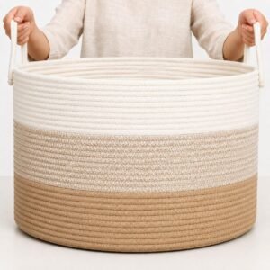 Opbergmand XXL 50×33 cm – Grote Katoenen Mand voor Speelgoed en Dekens – Gevlochten Wasmand met Decoratief Tweekleurig Design – Honingtinten
