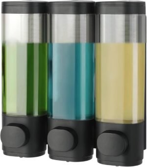 Zwarte wandmontage zeepdispenser met 3 kamers van 300 ml voor shampoo, conditioner en douchegel in de badkamer