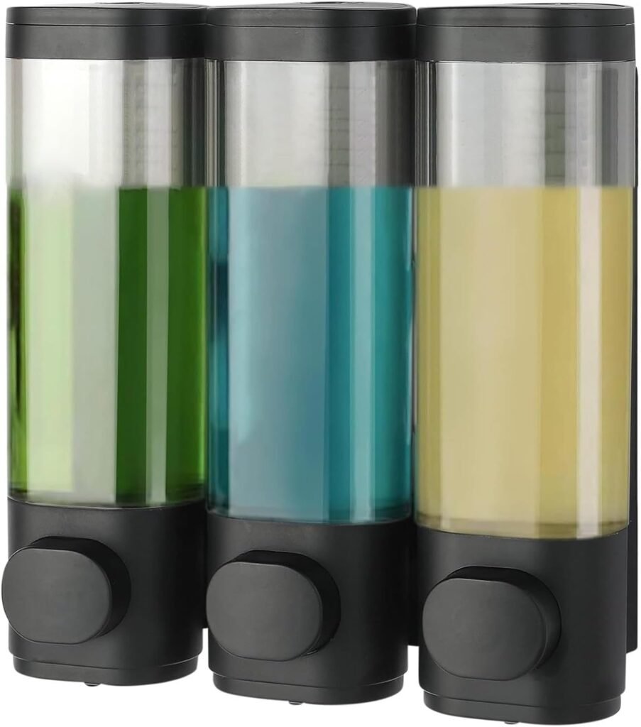 Zwarte wandmontage zeepdispenser met 3 kamers van 300 ml voor shampoo, conditioner en douchegel in de badkamer