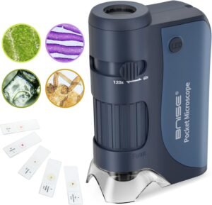 Zakmicroscoop voor Kinderen – Handheld Microscoop met 60x-120x Zoom en LED Verlichting – Draagbare Mini Microscoop voor Onderzoek – Inclusief 5 Microscoopglaasjes