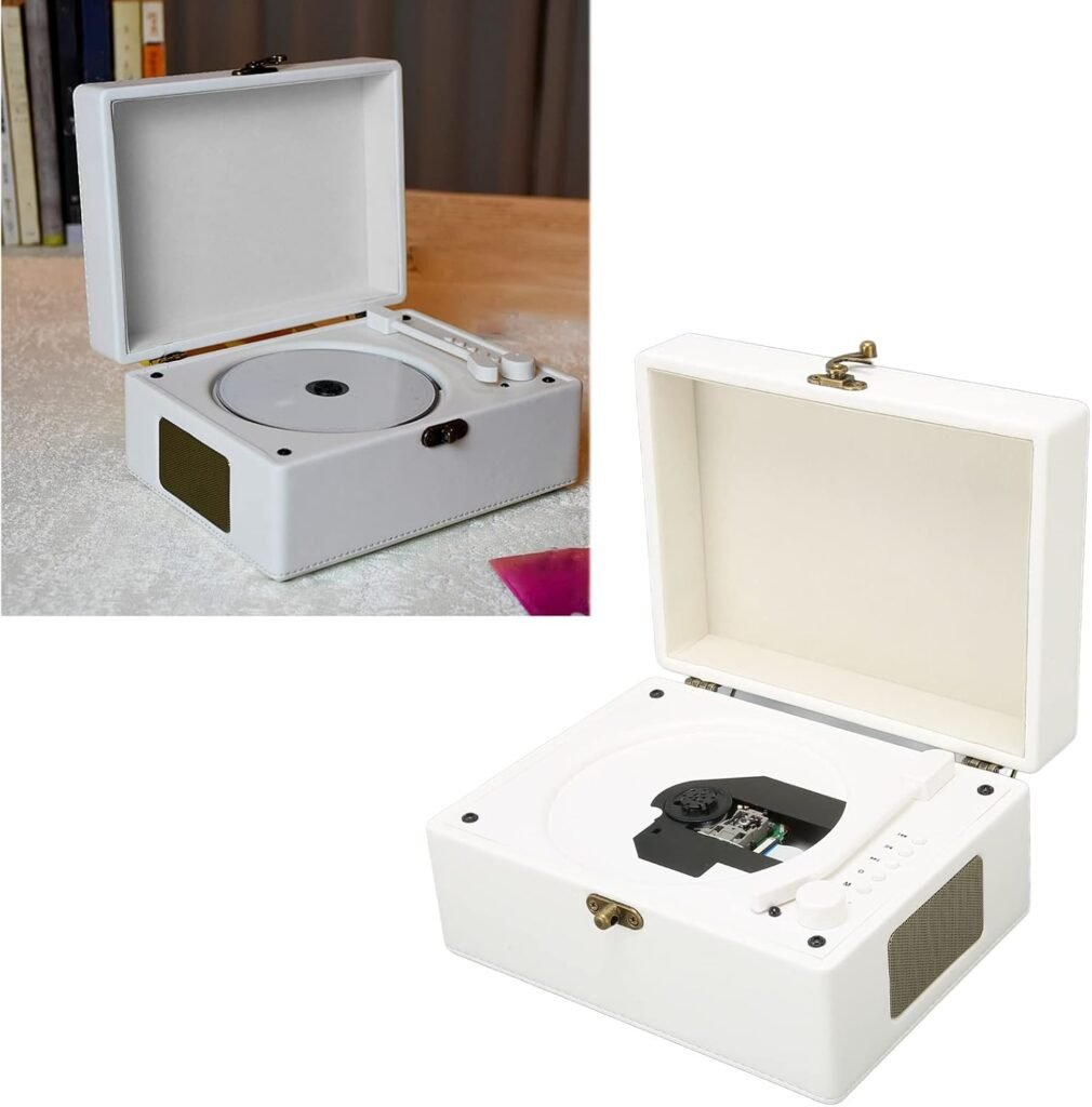 Draagbare CD speler met Bluetooth, oplaadbare batterij en ingebouwde speakers voor muziek luisteren thuis in witte uitvoering