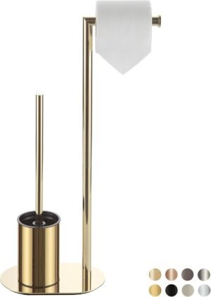 Gouden RVS toiletset met toiletpapierhouder, toiletborstelhouder en staande toiletrolhouder voor de badkamer