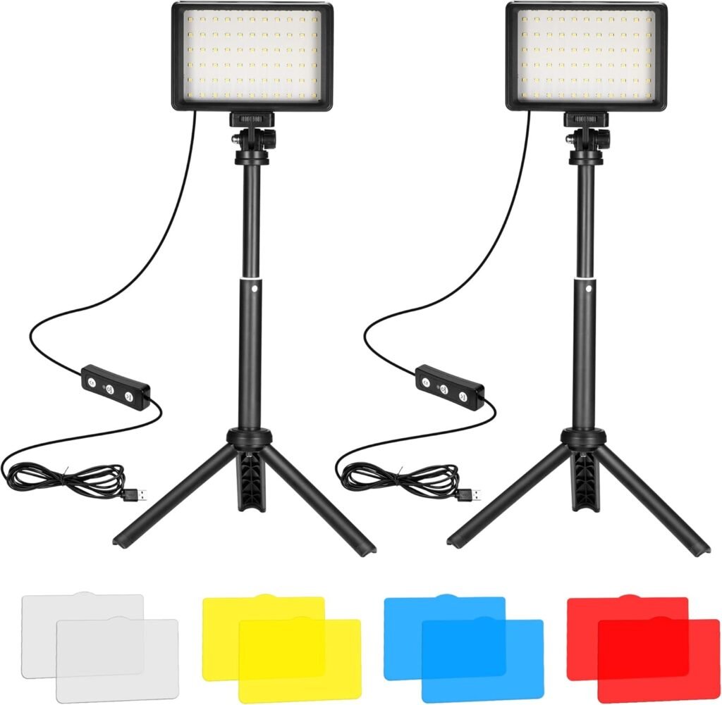 LED videolamp set van 2 met dimbare 5600K USB verlichting, mini statief en kleurfilters voor video-opnames en fotografie