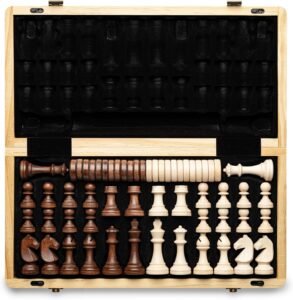 Magnetisch Schaakbord 38 cm – Houten Vouwschaakbord met Staunton Schaakstukken – Mahonie en Esdoorn Hout – Koning 7,5 cm