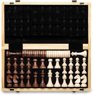Magnetisch houten schaakbord 38 cm met vouwbord en Staunton schaakstukken van mahonie en esdoorn hout, koning 7,5 cm