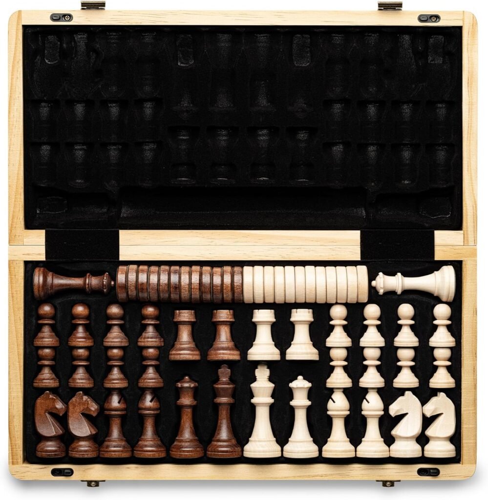 Magnetisch houten schaakbord 38 cm met vouwbord en Staunton schaakstukken van mahonie en esdoorn hout, koning 7,5 cm