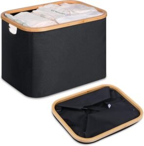 Opvouwbare Wasmand Bamboe – Stoffen Opbergmand Wasmand voor Slaapkamer en Badkamer – Vouwbare Opbergmand – 50 Liter Zwart