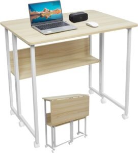 Vouwbureau met Wielen en Opberplank – Vouwtafel voor Computer en Thuiswerk – Ruimtebesparende Werktafel in Eiken Kleur – 80x58x75 cm