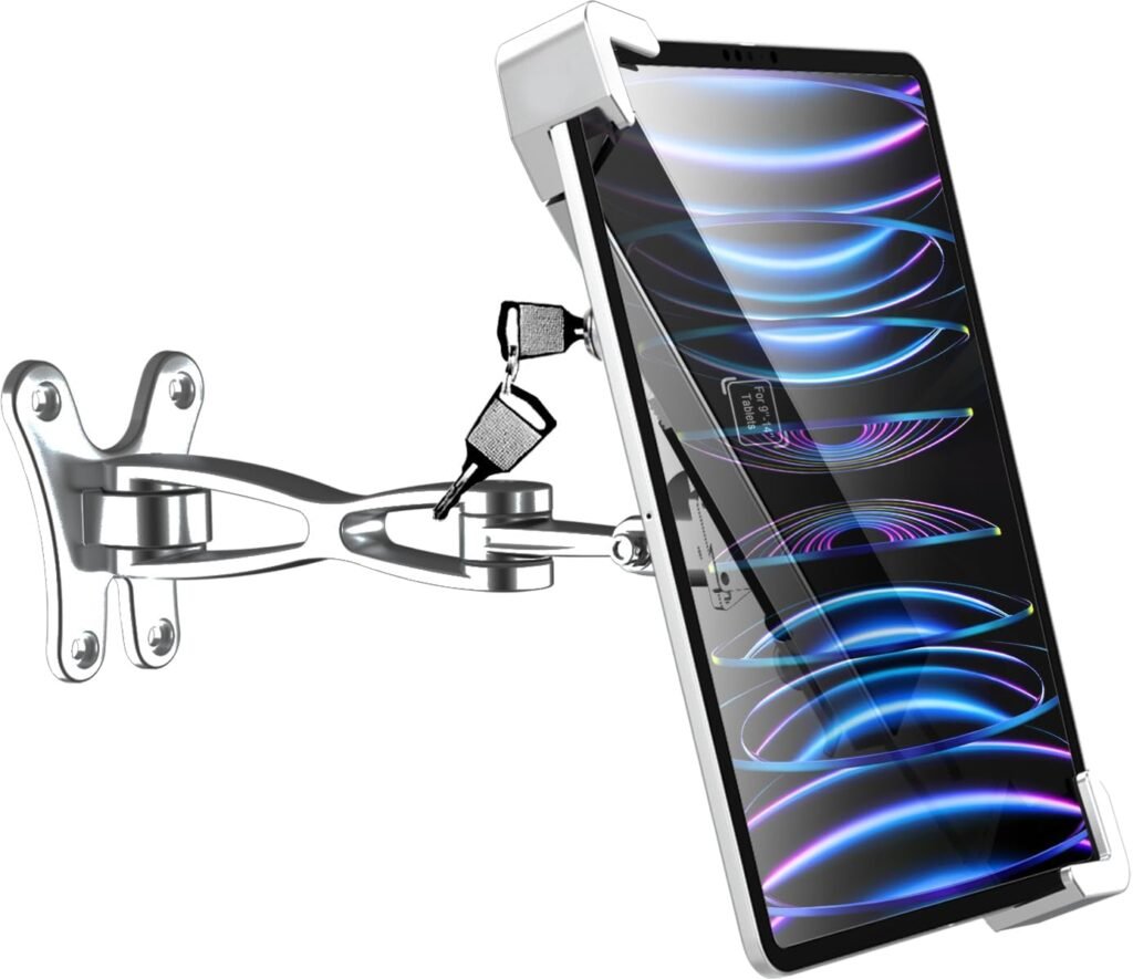 Beveiligde aluminium tablet muurstandaard met vergrendeling en swing arm voor iPad, Surface en Galaxy Tab 9-14 inch