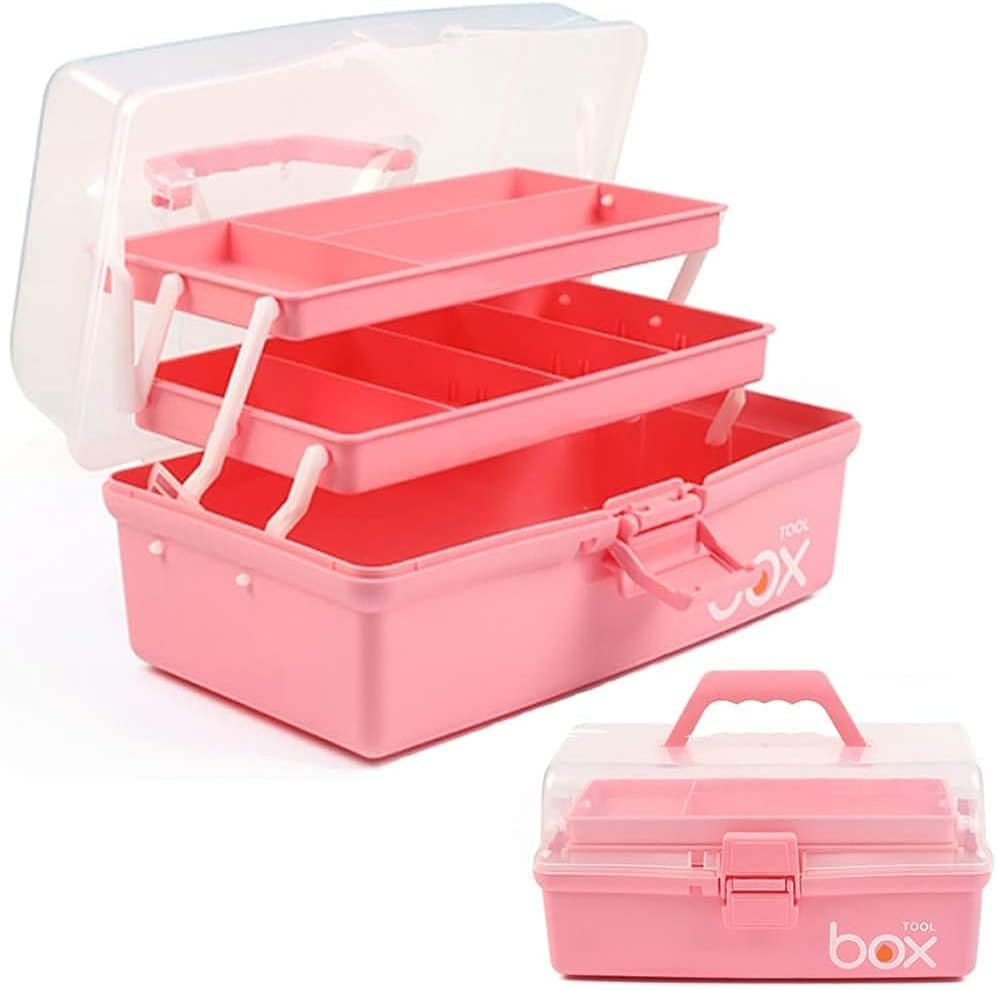 Roze 12 inch opvouwbare opbergdoos met deksel en 3 lagen voor gereedschap, hobbyspullen en EHBO