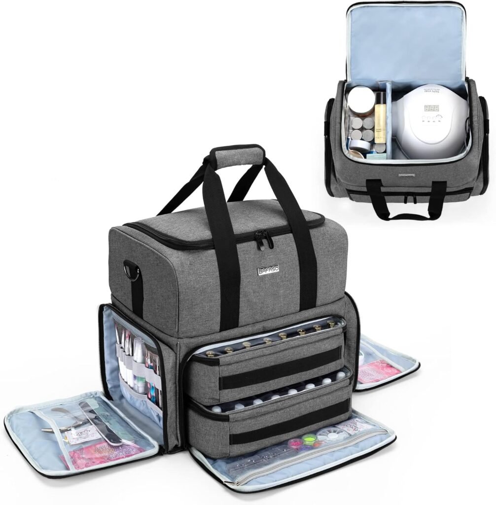 Grijze nagellak organizer tas voor 80 flessen met ruimte voor nageldroger en nagellak accessoires