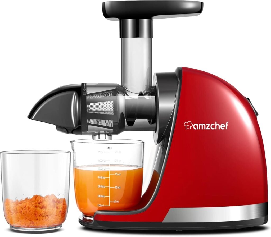 Slow juicer rood voor koud persen van fruit en groenten met 2 bekers en borstel