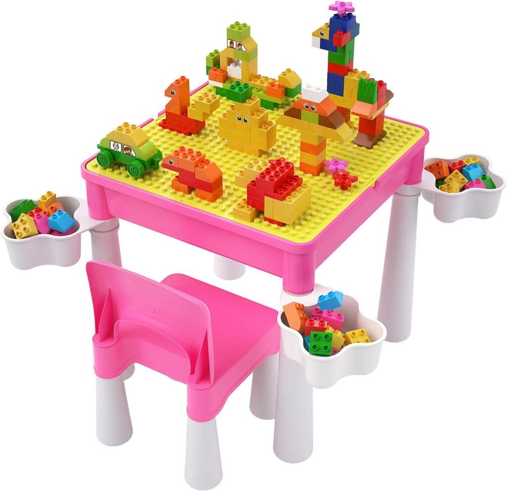 Roze peuter tafel en stoel set met activiteitstafel en 128 creatieve bouwstenen voor kinderen vanaf 2 jaar