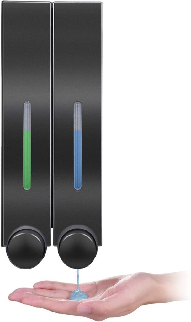 Zwarte dubbele wandmontage zeepdispenser voor douchegel en shampoo in badkamer met vloeistofreservoir voor badkamer, keuken en kantoor