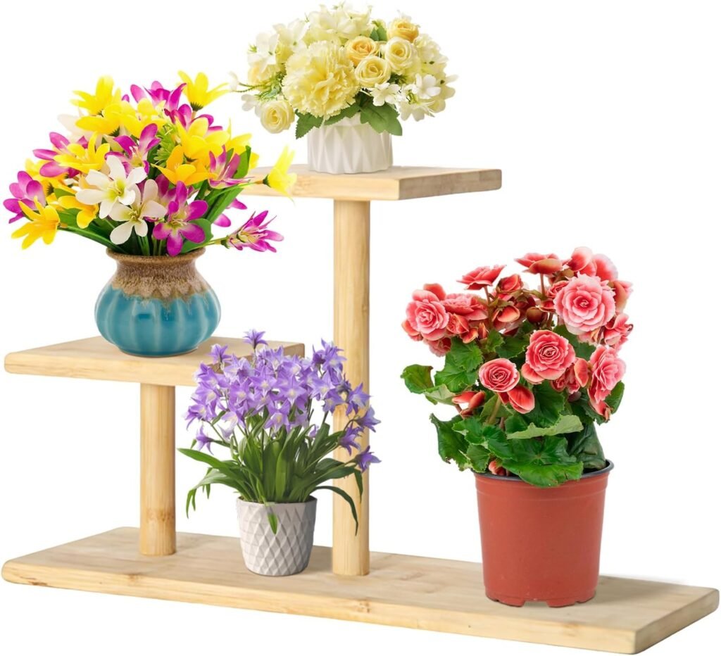 Bamboe plantenrek 3 laags tafelmodel voor succulenten en planten op bureau, balkon, tuin of patio