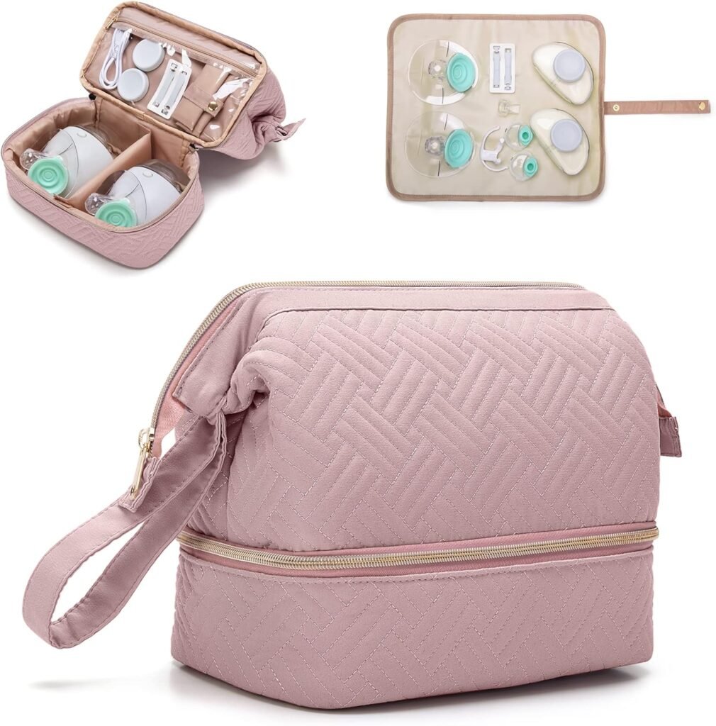Roze draagtas voor borstkolf met geïsoleerde vakken, waterdichte mat en ruimte voor dubbele kolf accessoires