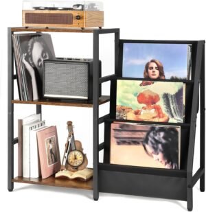 Platenspeler tafel met 3 laags vinyl opbergrek voor 200 albums in de woonkamer