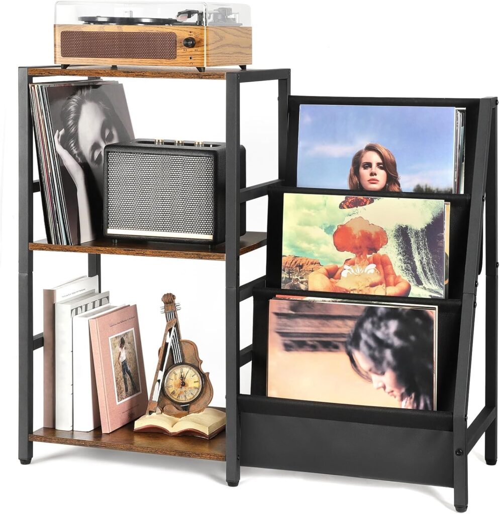 Platenspeler tafel met 3 laags vinyl opbergrek voor 200 albums in de woonkamer