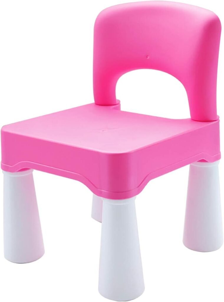 Roze kunststof kinderstoel met rugleuning en rubberen voeten voor baby meisjes en kinderen tot 100 kg