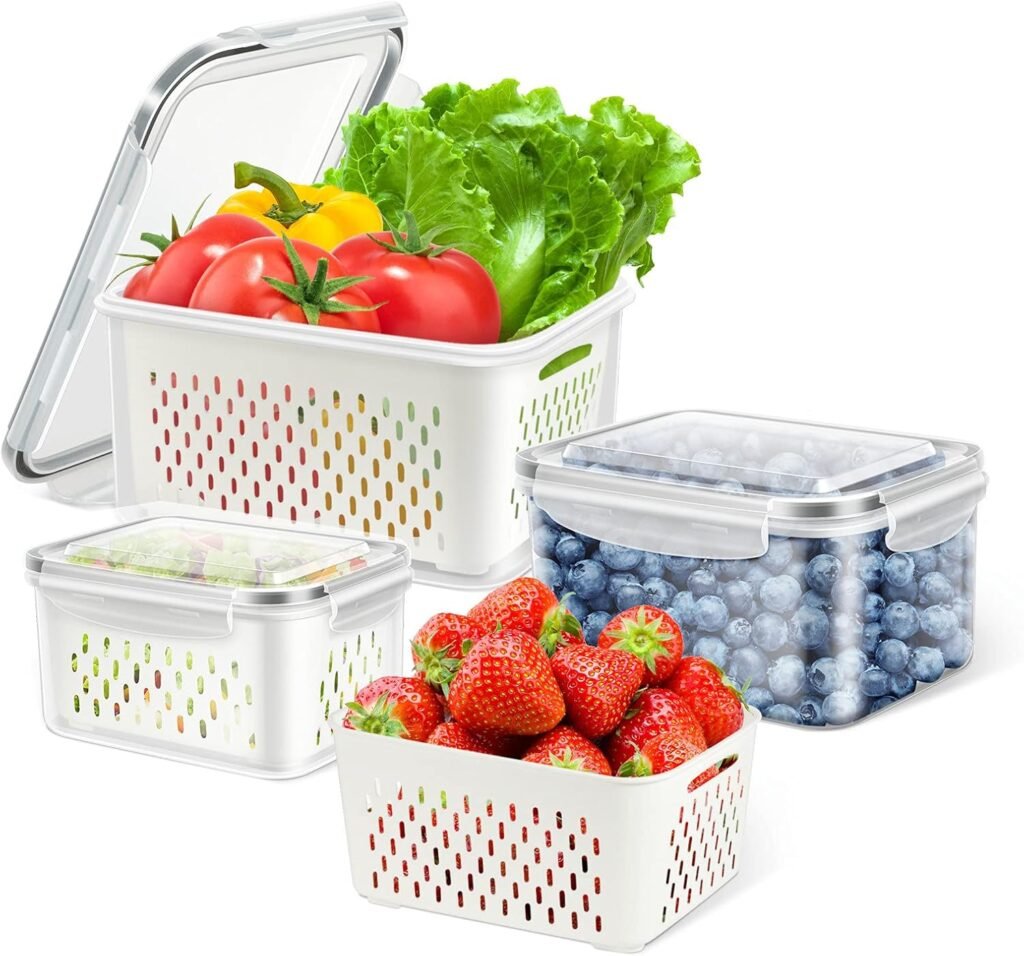 Luchtdichte koelkast organizer set van 3 met stapelbare opbergdozen, deksels en drainagemandjes voor groente en fruit