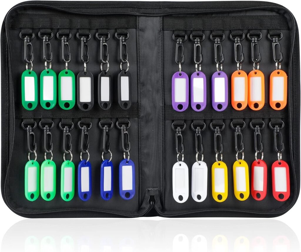 Sleutelkoffer met rits, waterdichte sleutelorganizer met 24 haakjes en labels voor kantoor en verhuurbeheer, zwart
