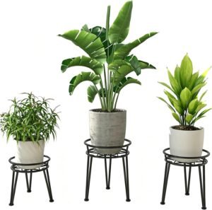 Plantenstandaard Set van 3 – Metalen Bloempot Houder met Rond Plantenrek – Zwart Plantenrek voor Binnen en Buiten – 3 Formaten met Antislip Voetjes