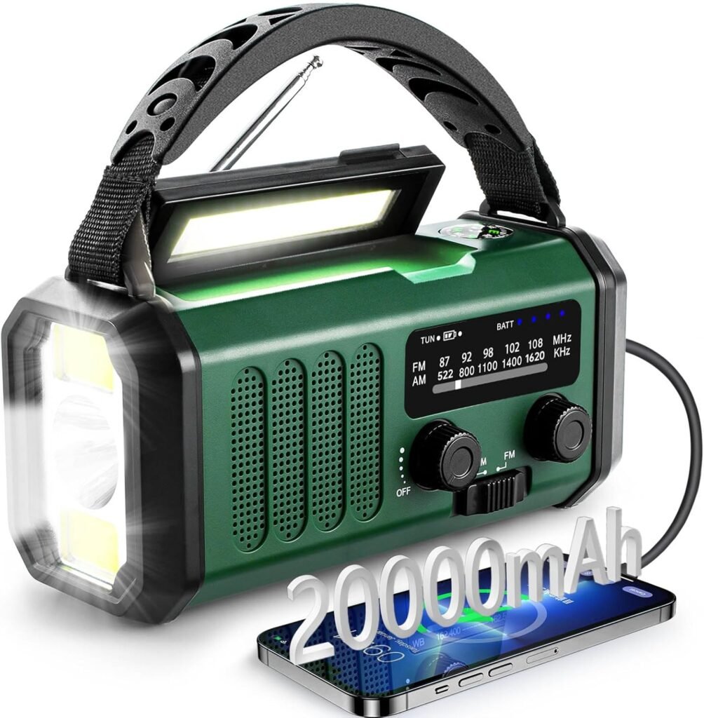 Noodradio met 20000 mAh powerbank, zonnepaneel, zaklamp en AM/FM radio voor buiten en noodsituaties