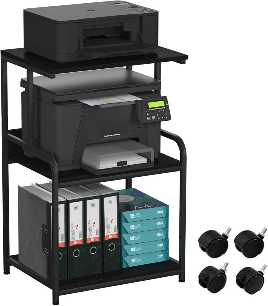 3-laags printerstandaard met wielen zwart 50x40x80 cm voor printer, scanner en kantooropslag
