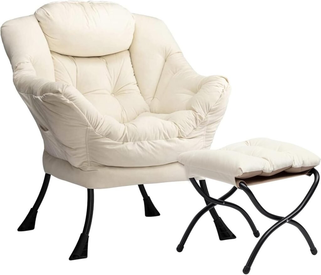 Relax fauteuil met voetenbank beige lounge stoel met stalen frame en armleuningen voor woonkamer en slaapkamer gebruik