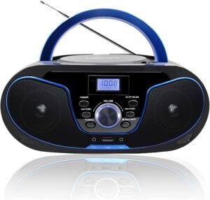 Draagbare CD Speler Kinderen – Radio CD Boombox met FM Radio – Bluetooth, USB en AUX Aansluiting – Stereo Speakers en Hoofdtelefoonuitgang