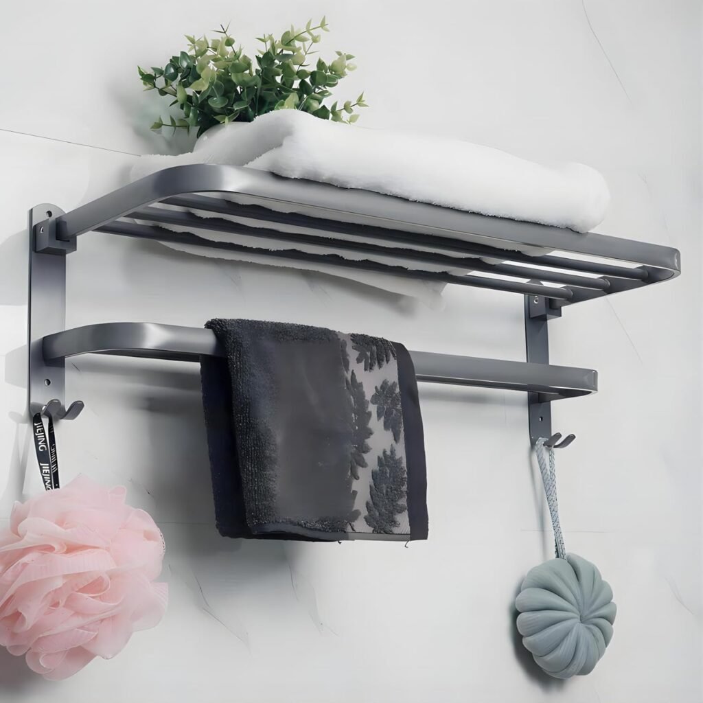 Grijze zelfklevende handdoekhouder met plank voor badkamer, 2-laags wandgemonteerd handdoekenrek van 58 cm