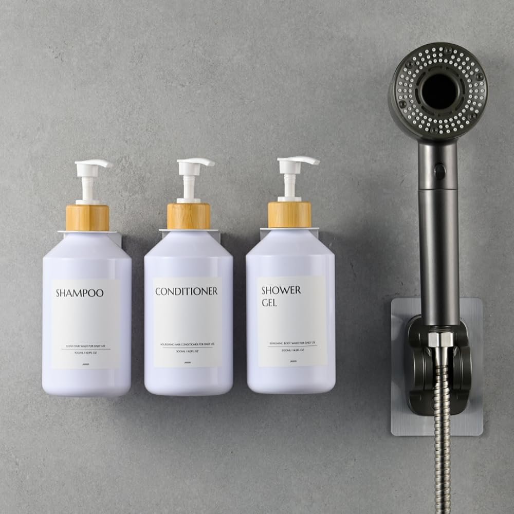 Witte zeepdispenser set van 3 met bamboe houder voor wandmontage zonder boren, 500 ml voor keuken en badkamer