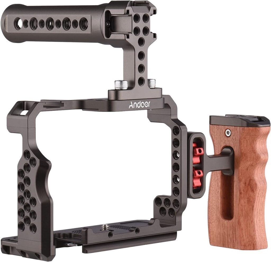 Camera cage kit met aluminium video rig en houten top handle voor Sony A7 camera's met stabiele grip en bescherming