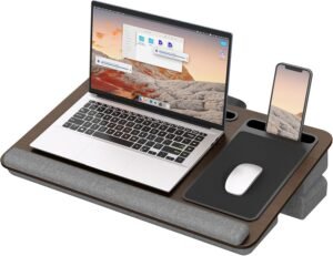 Lapdesk voor laptop tot 17,3 inch met muismat, polssteun en houders voor tablet en telefoon, draagbare laptopstandaard voor thuis en kantoor
