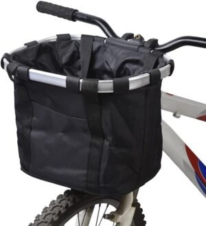 Fietsmand met afneembare canvas tas en aluminium frame voor voorzijde fiets in zwart