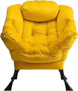 Gele velvet relaxfauteuil met armleuningen en stalen frame voor woonkamer en slaapkamer