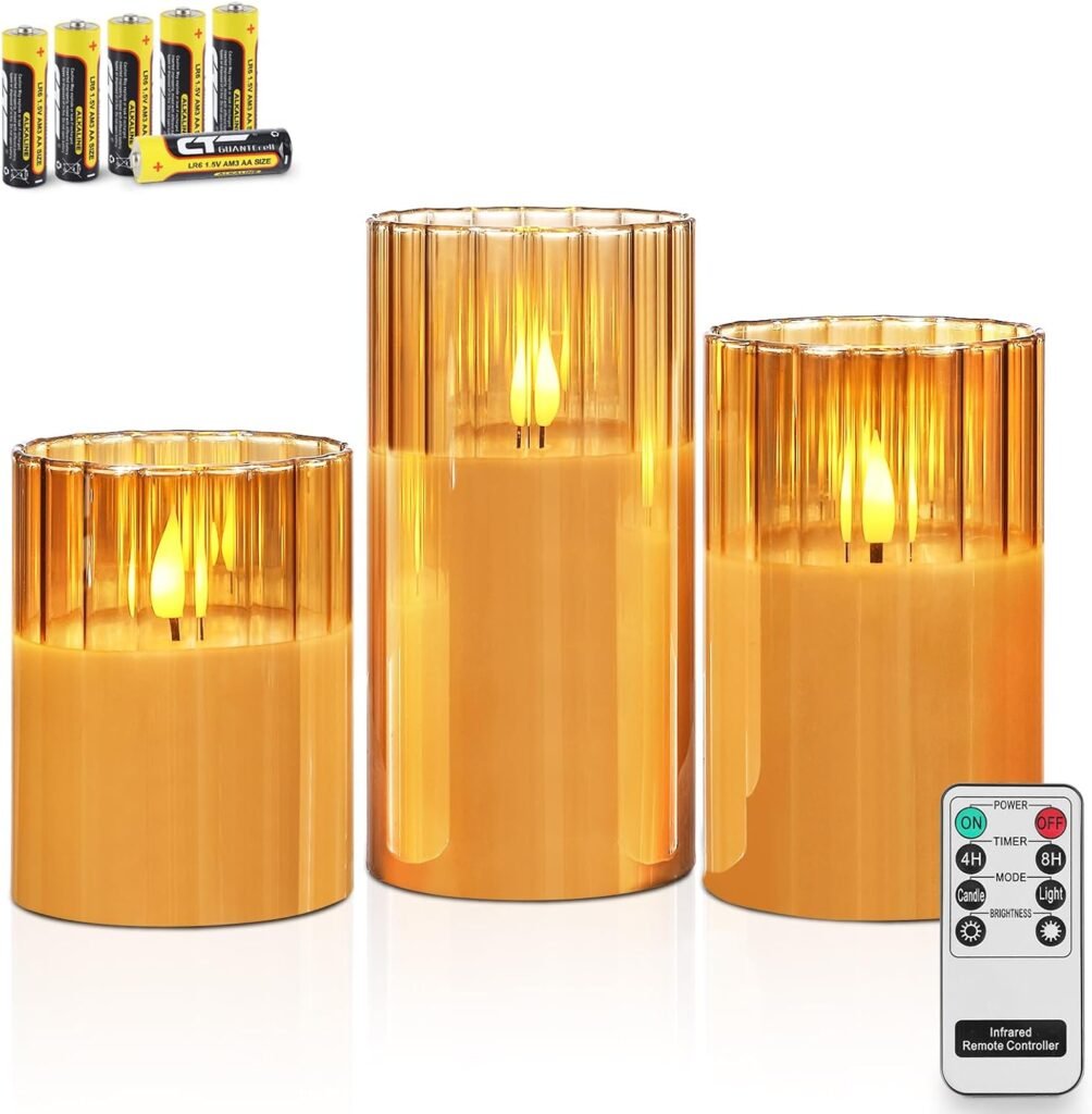Gouden LED kaarsen set met ribbelglas, vlamloze kaarsen met afstandsbediening en warme witte verlichting op batterijen
