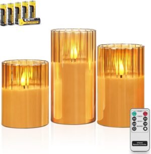 Gouden LED kaarsen set met ribbelglas, vlamloze kaarsen met afstandsbediening en warme witte verlichting op batterijen