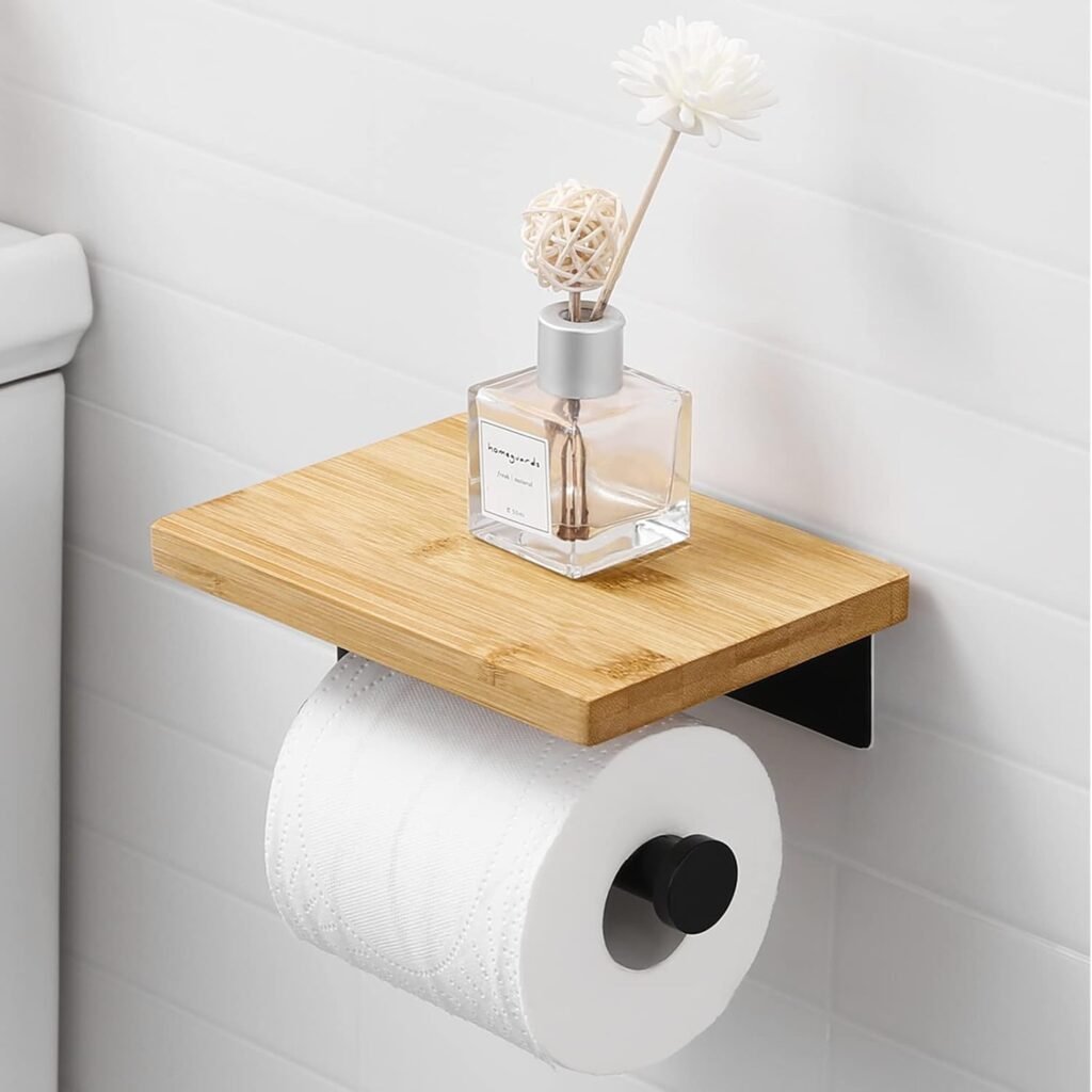 Zelfklevende zwarte RVS toiletrolhouder met bamboe plank voor wandmontage zonder boren