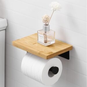 Toiletrolhouder met Bamboe Plank – Zelfklevende Toiletpapierhouder Zonder Boren – Wandmontage RVS Zwart – Waterbestendig en Roestvrij