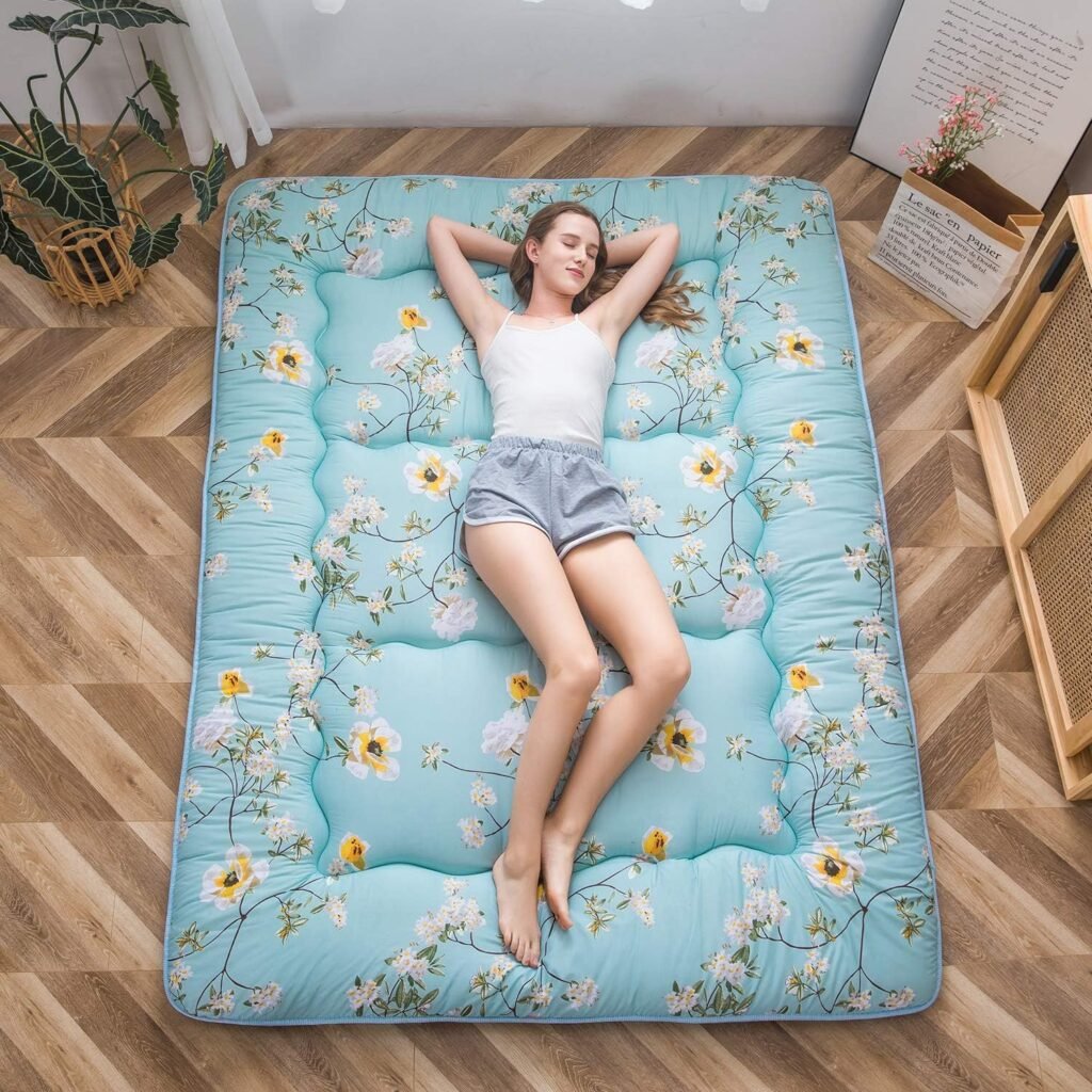 Japanse futon vloermatras met groen bloemenpatroon, opvouwbare tatami slaapmat voor vloer en logeerbed